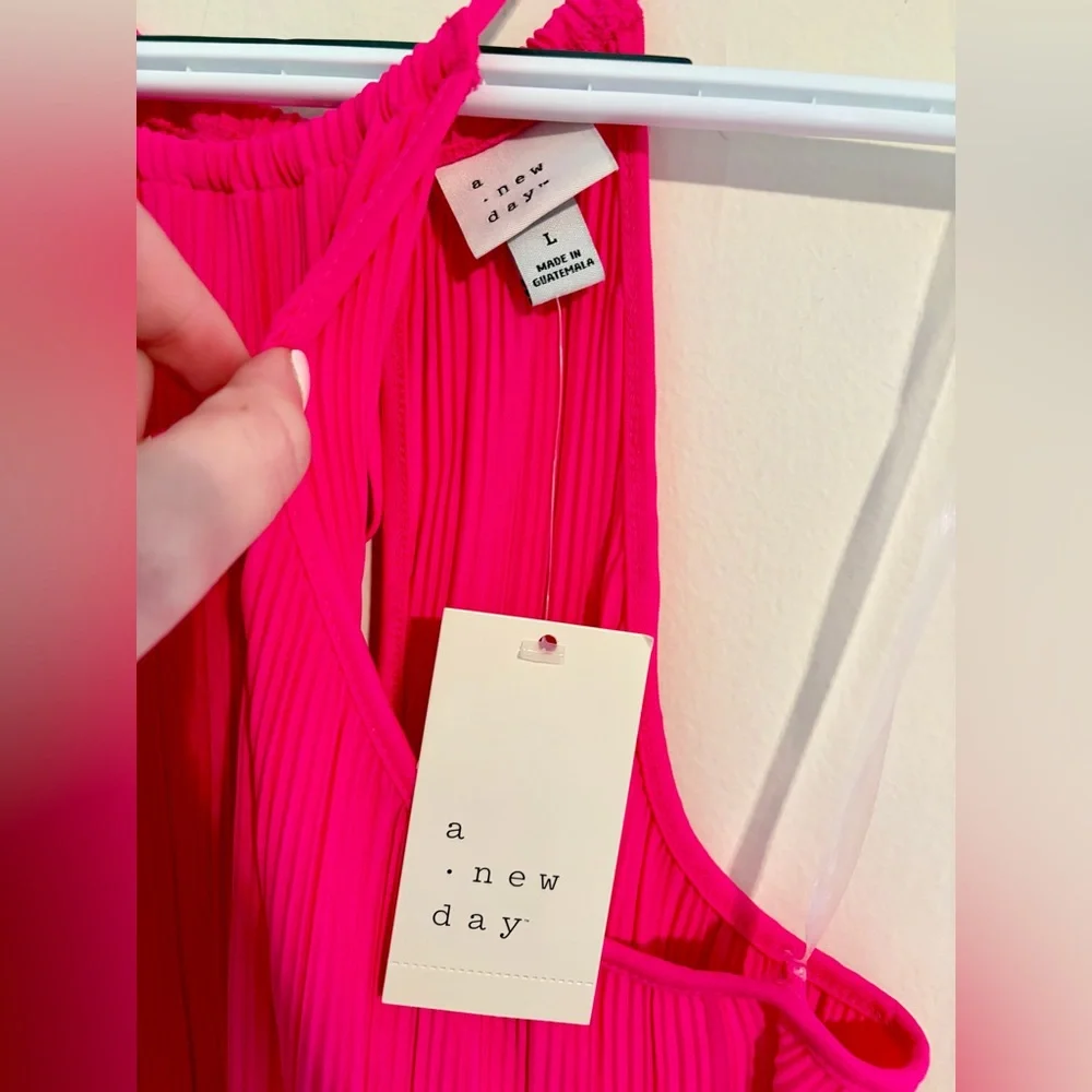 NWT Womens A New Day Hot Pink Pleated Halter Neck Thin Breathable Dress Sz Large - Picture 4 of 15